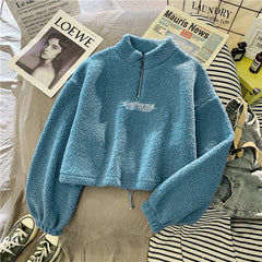 Women Hoodie Lamb Wool Short Half High Collar Sweatshirt