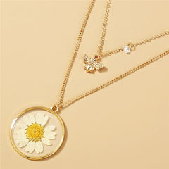 Double Layers Daisy Bee Pendant Dried Flower Resin Collar Lovely Tiny Honey Necklace
