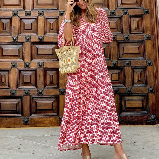 Fashion Half Sleeve Women Loose Dress Casual Printed Vintage Long Dresses