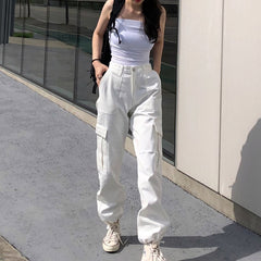Y2k Button Pockets Patchwork Cargo Pants Women Streetwear High Waist Trousers