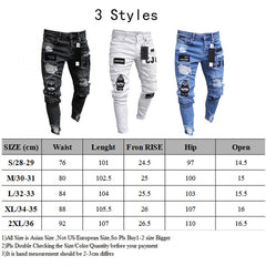 Men Stretchy Ripped Skinny Biker Embroidery Cartoon Print Jeans Destroyed