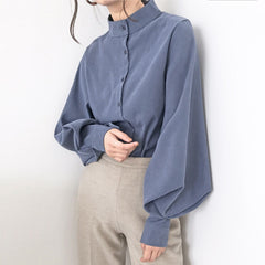 Big Lantern Sleeve Blouse Single Breasted Stand Collar Shirts