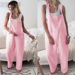Casual Loose Solid Pockets Jumpsuit Overalls Wide Leg Cropped Pants