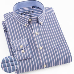 Long Sleeve Oxford Plaid Striped Casual Shirt Front Patch Chest Pocket Regular-fit