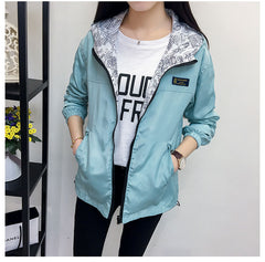 Women Jacket Spring Pocket Zipper Hooded Two Side Wear Outwear