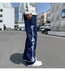 Straight Jean Pants Man Skeleton Embroidery Mopping Trousers