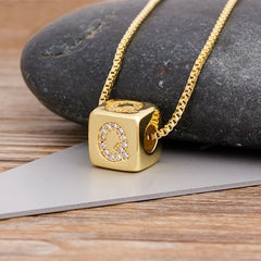 A-Z Initials Micro Pave Copper CZ Cube Letter Pendant Necklaces
