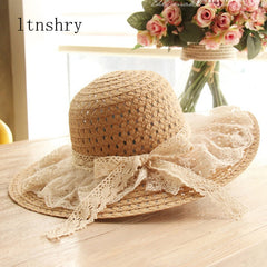 Women Lace Sun Hats For Wide Brim Straw Beach Side Cap Floppy
