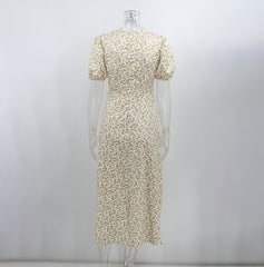 Puff Short Sleeve Women Summer Midi Dress Vintage