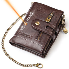 Wallets Name Customized PU Leather Short Card Holder Chain Men