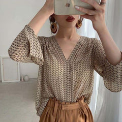 Blouses V-neck Printing Long Sleeve Loose Shirts