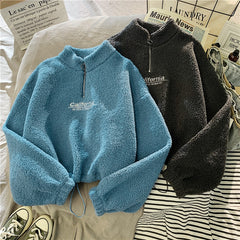 Women Hoodie Lamb Wool Short Half High Collar Sweatshirt