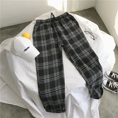 Mens Black Harajuku Plaid Pants Men Japanese Streetwear Baggy