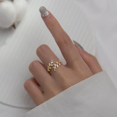 Silver Sweet Romantic Zircon Open Branch Small Leaf Adjustable Ring