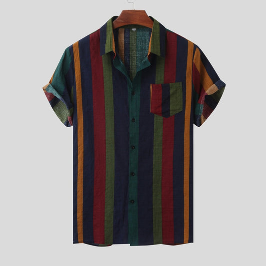 Hawaii Men Shirt Blouse Multicolor Stripes Loose Short Sleeve Casual Buttons