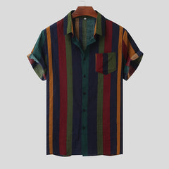 Hawaii Men Shirt Blouse Multicolor Stripes Loose Short Sleeve Casual Buttons