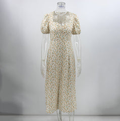 Puff Short Sleeve Women Summer Midi Dress Vintage