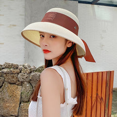 Retro French Hepburn Straw Hat Bow Seaside Big Brim Sun Protection Shade