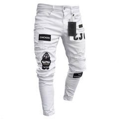 Men Stretchy Ripped Skinny Biker Embroidery Cartoon Print Jeans Destroyed