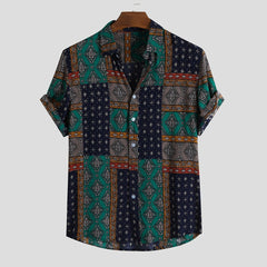Men Shirt Ethnic Printed Shirts Summer Retro Vintage Streetwear Short Sleeves