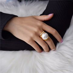 Fashion Gold Color Open Cuff Circle Ring Imitation Pearl Flower Ring