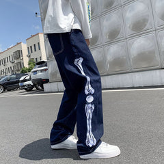 Straight Jean Pants Man Skeleton Embroidery Mopping Trousers