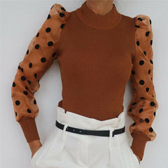 Mesh Puff Long Sleeve Ribbed Knitted Shirt Loose Casual Polka Dots