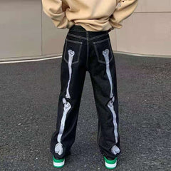 Retro Skull Hand Bone Embroidery Washed Mens Jeans Pants Vibe Style