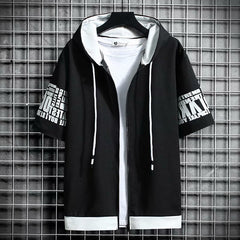 Japan Style Men Hoodies Fashion Streetwear Short Sleeve Hooded