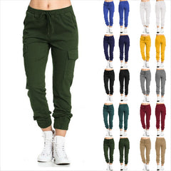 Solid Jogger Women's Cargo Pants Multi-Pocket Drawstring Elastic Waist