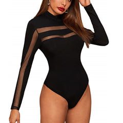 Fashion Trend Mesh Sheer Bodysuit Long Sleeve Leotard Tops