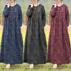Vintage Women Printed Dress Sundress Casual Long Sleeve Maxi