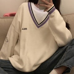 Sweaters Women Ulzzang Letter Chic Vintage V-neck Daily Oversize