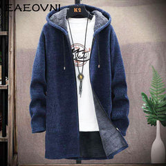 Long Cardigan Sweater Men Fleece Winter Jacket Men Slim Sweaters Hooded