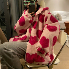 90s Harajuku Heart-shaped Print Plush Jacket Large Size Long Sleeve Hooded