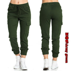 Solid Jogger Women's Cargo Pants Multi-Pocket Drawstring Elastic Waist