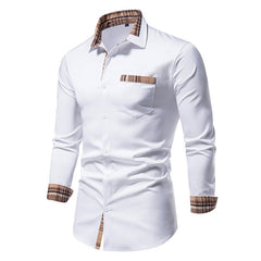Plaid Patchwork Formal Shirts for Men Slim Long Sleeve White Button Up Shirt Dress