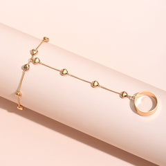 Simple Heart Pendant Chain Link Connected Gold Metal Wide Finger Ring Bracelets