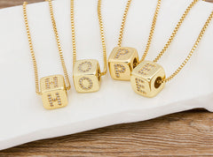 A-Z Initials Micro Pave Copper CZ Cube Letter Pendant Necklaces