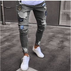 Men Stretchy Ripped Skinny Biker Embroidery Cartoon Print Jeans Destroyed