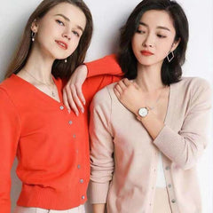 Solid V-Neck Women Cardigan Knitted Sweater Single Breasted Loose