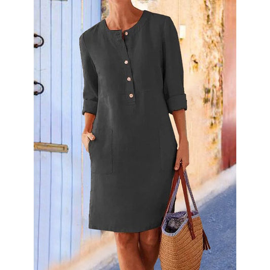 Casual Soild Long Sleeve Tunic Dress Vintage Straight Dress