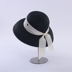Retro French Hepburn Straw Hat Bow Seaside Big Brim Sun Protection Shade