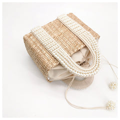 Pearls Beach Bag Women Elegant Woven Beaded Straw Bag