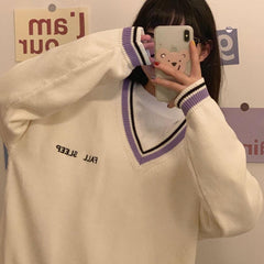 Sweaters Women Ulzzang Letter Chic Vintage V-neck Daily Oversize