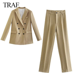 Women Jacket Double Breasted Notched Blazer Office Suit Pantsuit