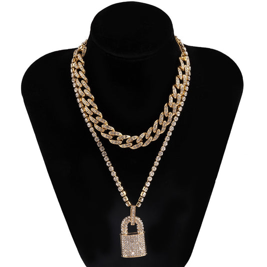 Hip Hop Bling Lock Pendant Choker Iced Out Shiny Cubic Zircon Necklace