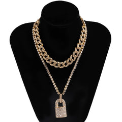 Hip Hop Bling Lock Pendant Choker Iced Out Shiny Cubic Zircon Necklace