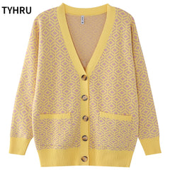Knitting Sweater Color Matching Diamond Lattice Single-Breasted Loose Casual Knitted Cardigan