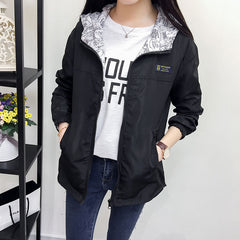 Women Jacket Spring Pocket Zipper Hooded Two Side Wear Outwear